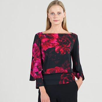CLARA SUNWOO Soft Knit Peony Print Boatneck Top with Chic Open Cuff Detail