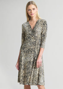 CLARA SUNWOO Soft Knit. Chettah Print Side Tie V Neck “Wrap” Dress with 3/4 Sleeve