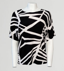 CLARA SUNWOO Soft Knit Geometric Stripe Print Short Sleeve Top w/ V-Back Cut Out