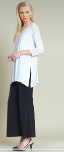 CLARA SUNWOO Soft Knit V- Neck 3/4 Sheer Sleeve Tunic with Side Slits